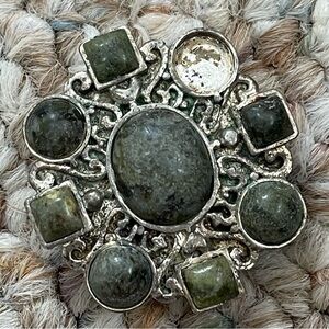 Source Unknown Silver and Green Artistic Brooch